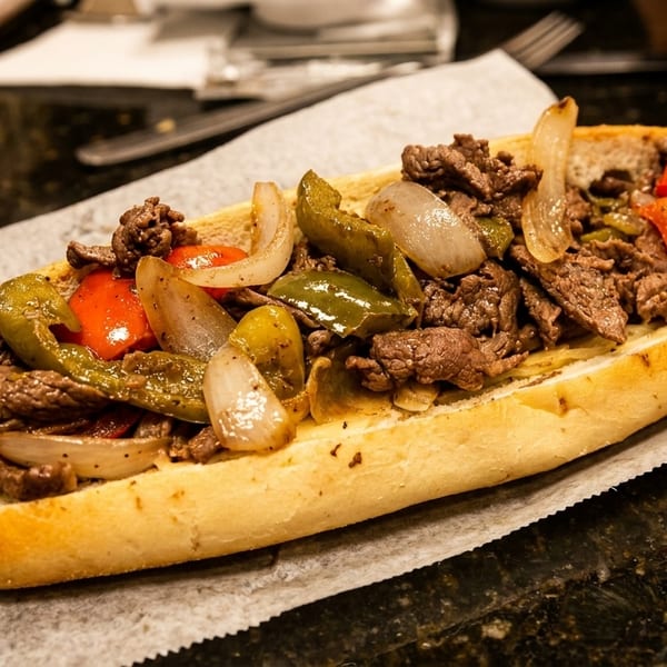 A delicious cheesesteak sandwich filled with steak, red and green peppers, and onions.