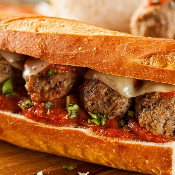 A meatball sub sandwich with melted cheese, marinara sauce, and fresh basil on a wooden board.