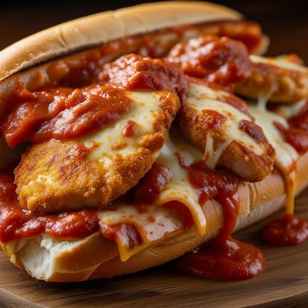 Chicken parmesan hero sandwich with melted mozzarella and marinara sauce on a wooden board.