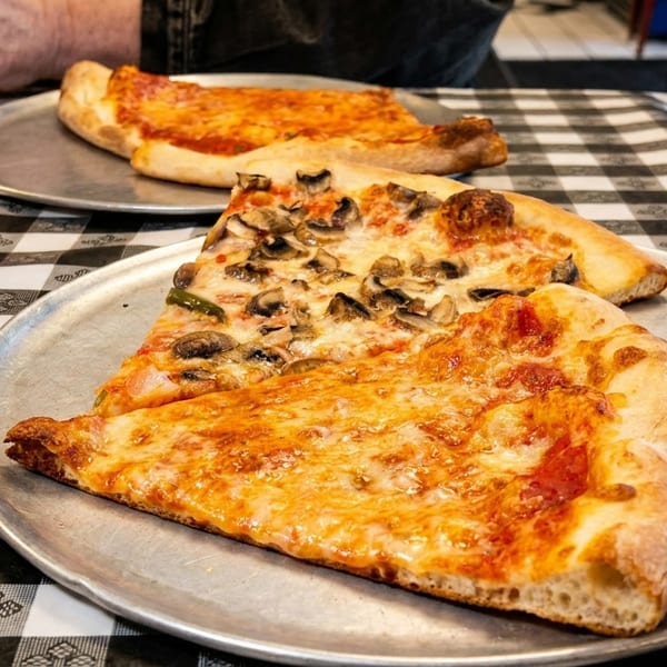 Two slices of cheese pizza and one mushroom pizza slice on metal trays on a checkered tablecloth.