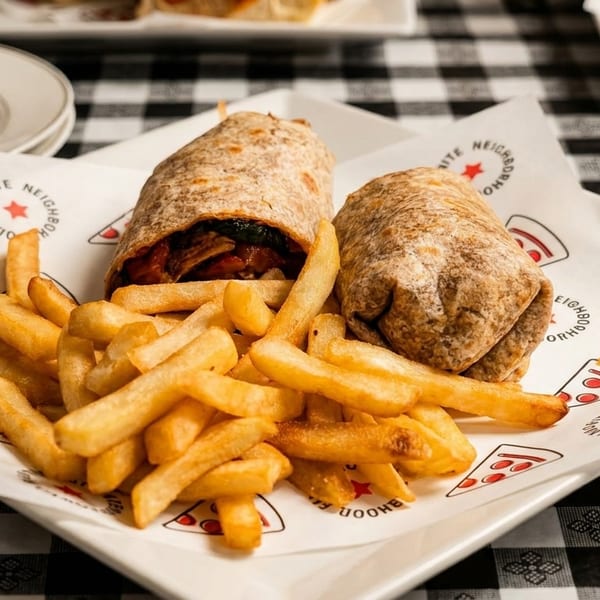 Two wraps and a pile of golden french fries on a white plate with branded paper.